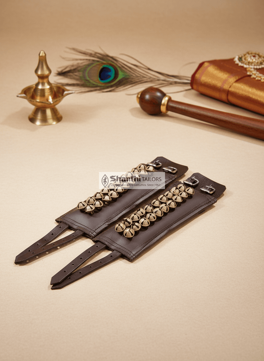 Brown leather 3-line Ghungroo. Salangai for Bharatnatyam dance, ankle bells.