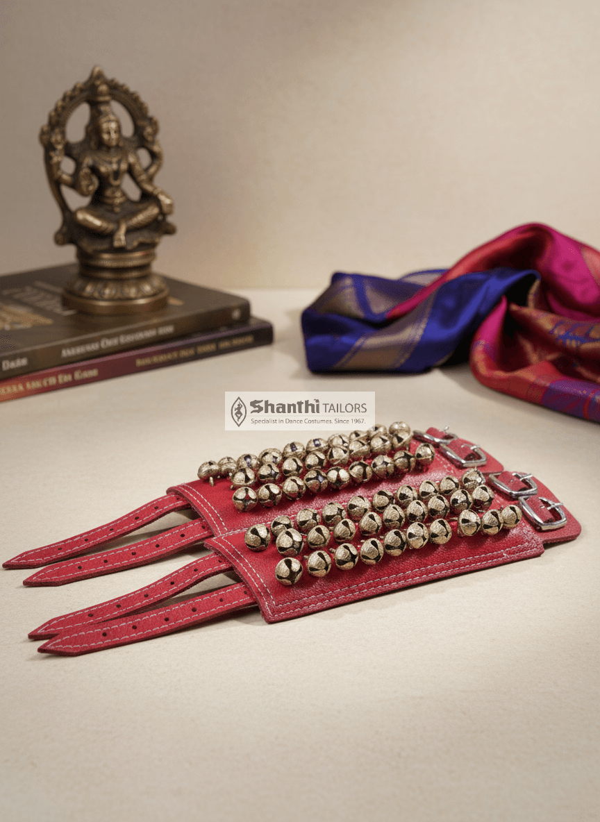 Brown leather 5-line Ghungroo. Premium Salangai for Indian classical dance, ankle bells.