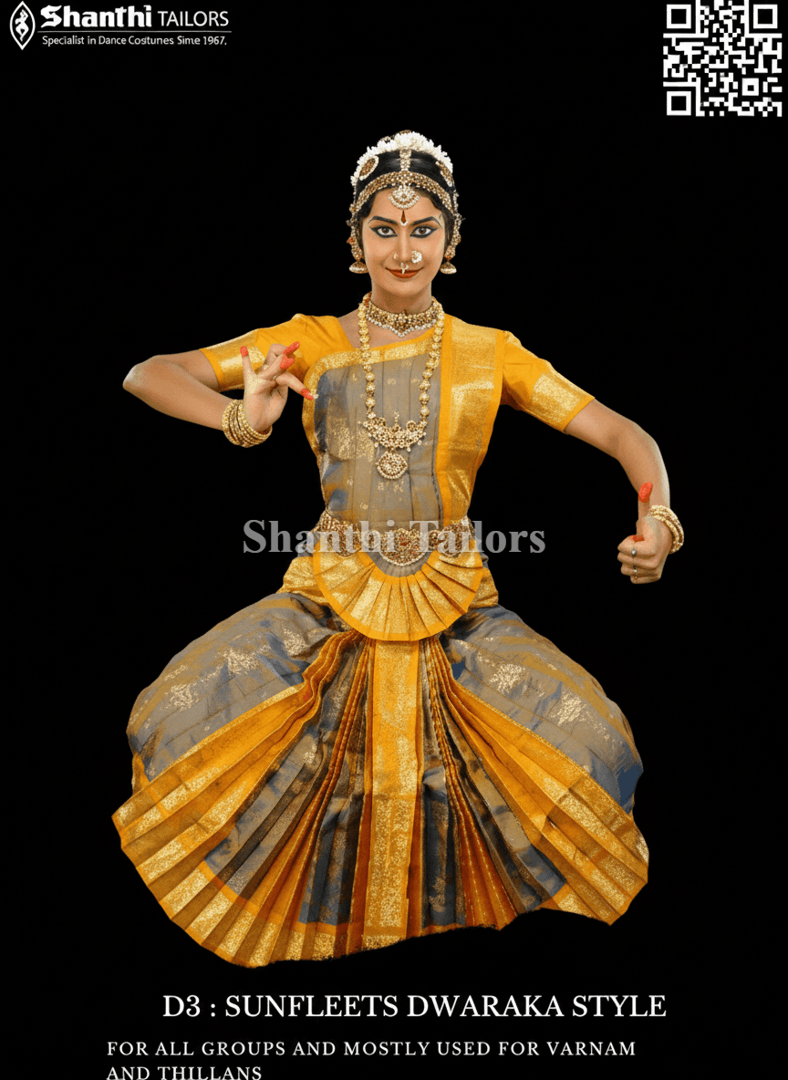 Shanthi Tailors Bharatnatyam dress, Dwaraka style authentic silk costume, dancer performing. shanthi tailors chennai