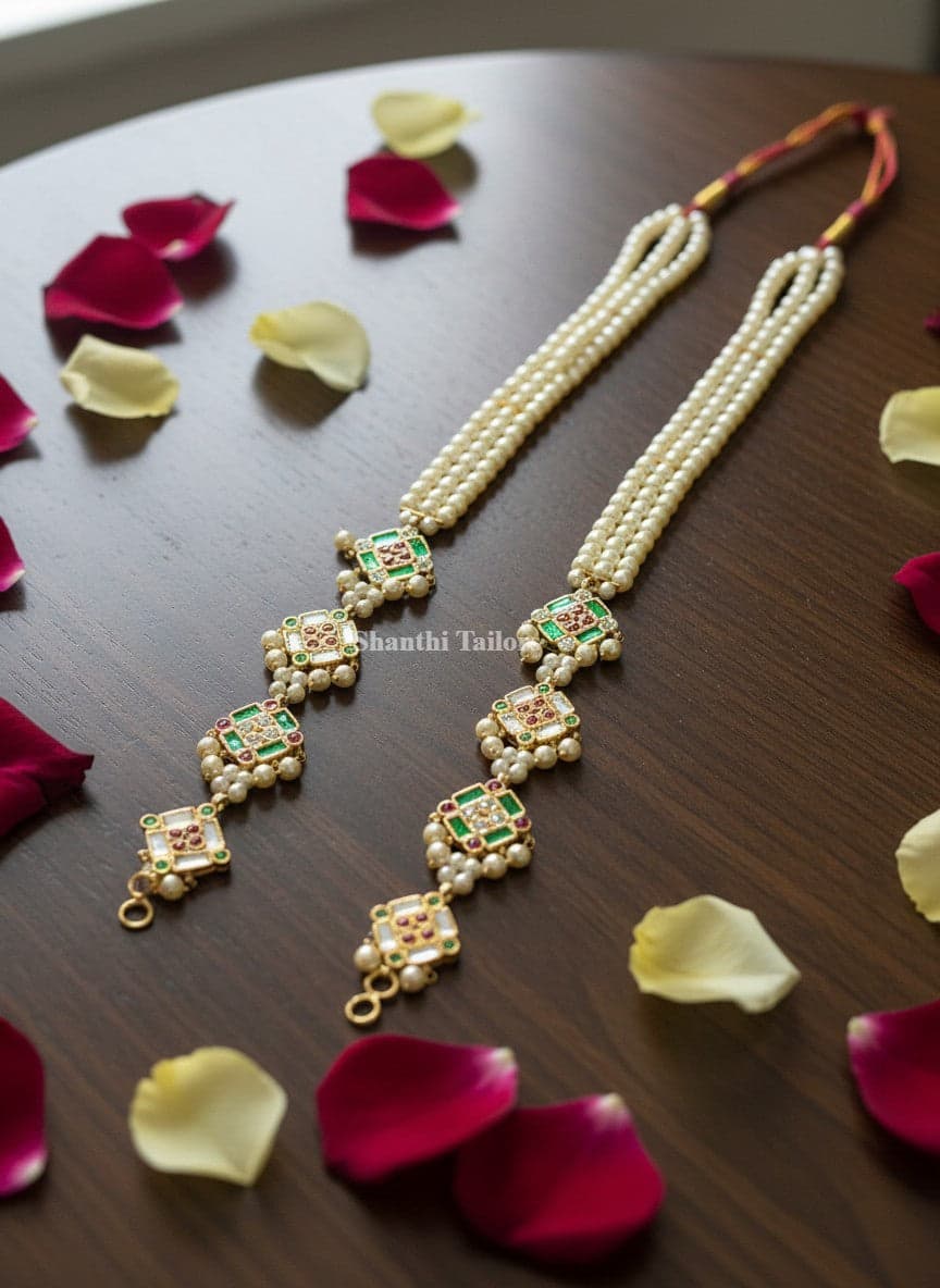 Temple jewellery set: Mallai detachable haram close-up. Silver base gold leaf. Shanthi Tailors.