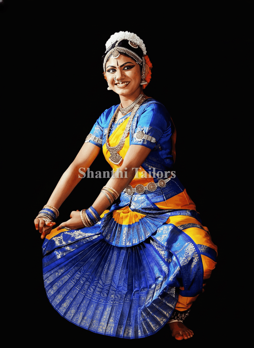 Custom tailored authentic silk dance costume, Bharatanatyam attire, close-up of border and zari work.