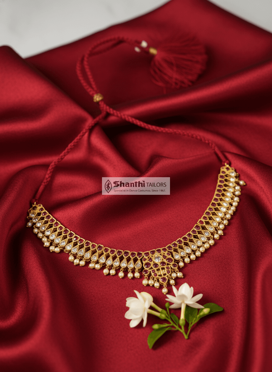 Temple Jewellery Necklace by Shanthi tailors. Close-up of intricate pendant design.