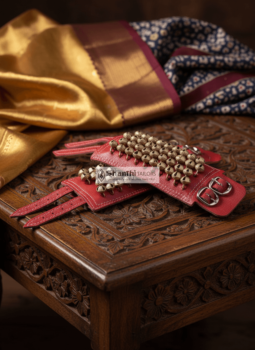 Bharatnatyam Ghungroo: Red Buckle Salangai Dance Bells displayed on a white surface.