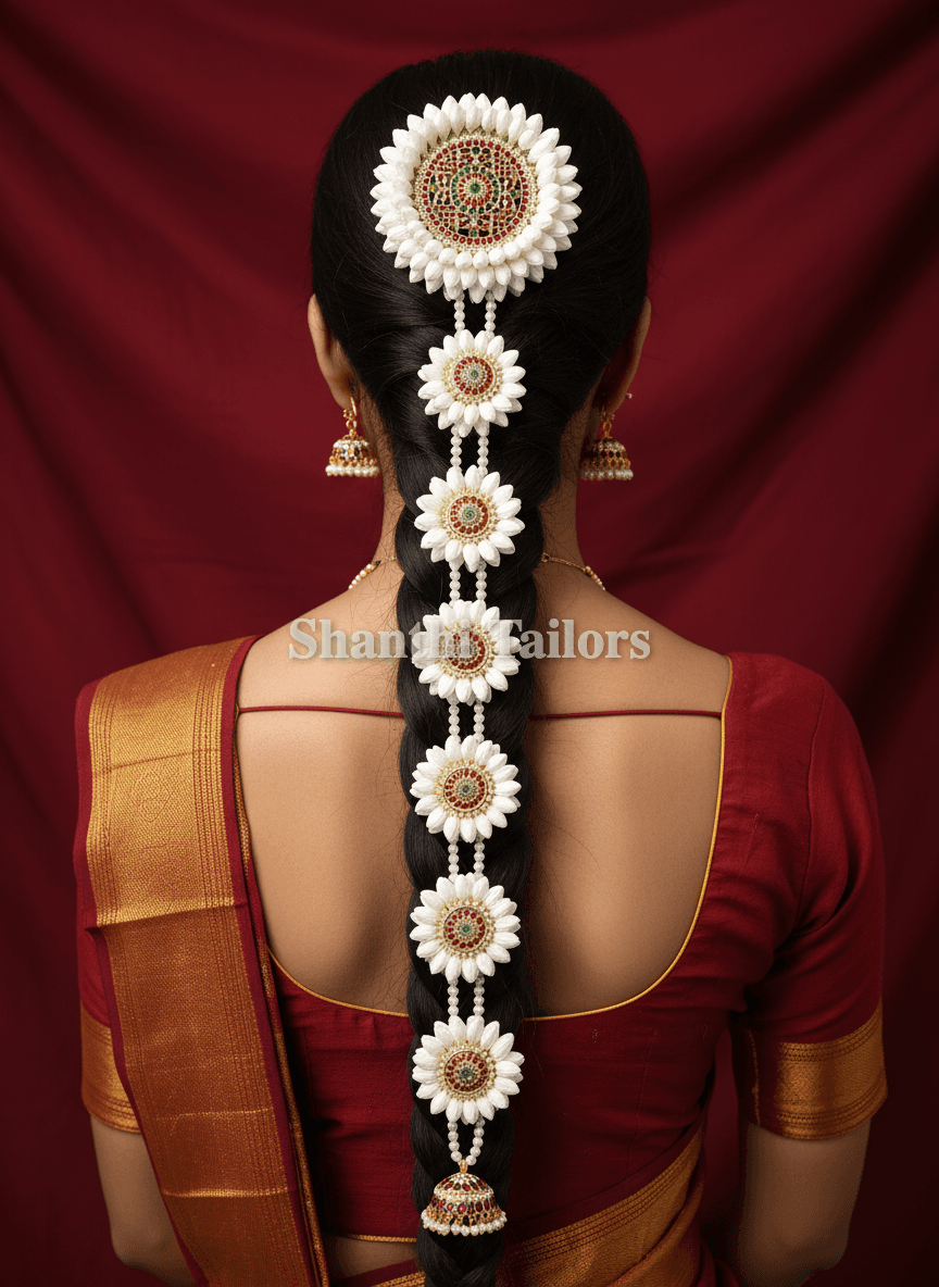 Close-up of floral Jada, ideal for Bharatanatyam jewellery set & dance practice saree. Arangetram.