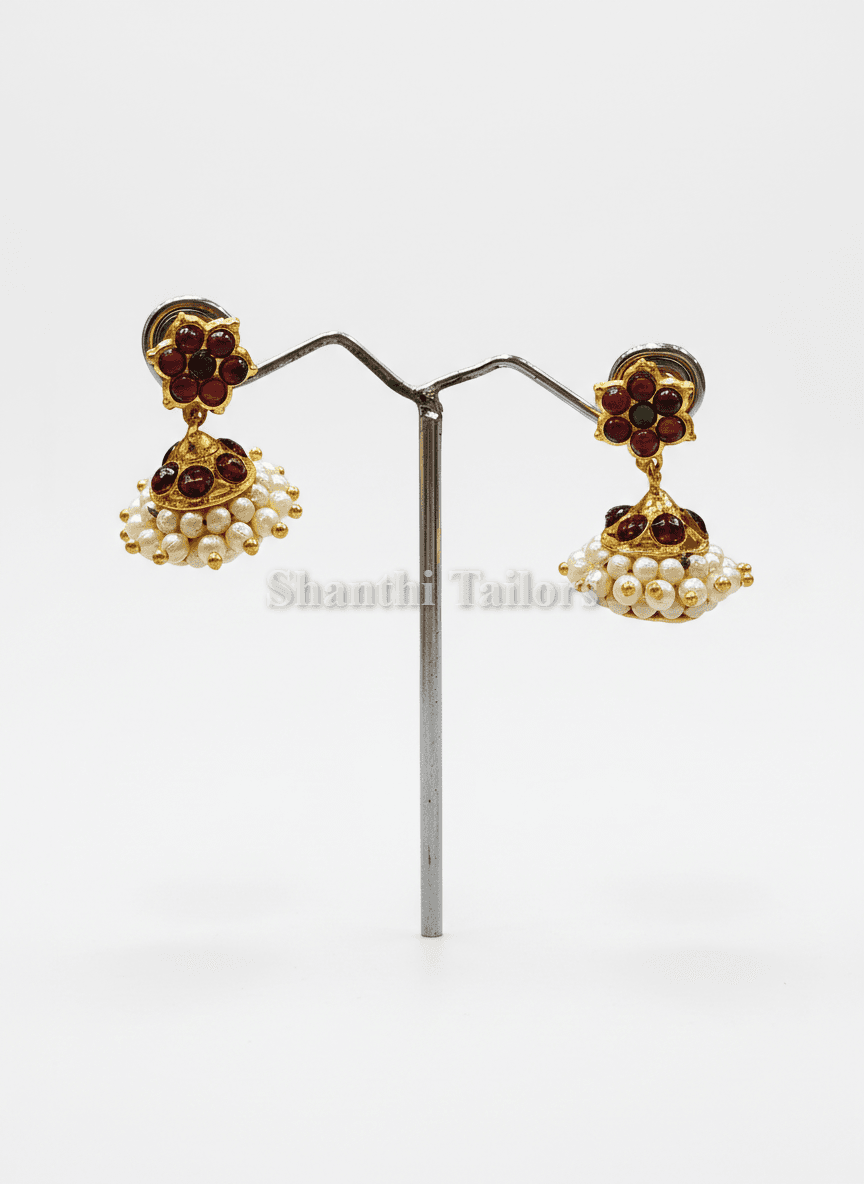 Traditional jummiki earrings, small size, silver base gold leaf, ideal for bharatanatyam costume.