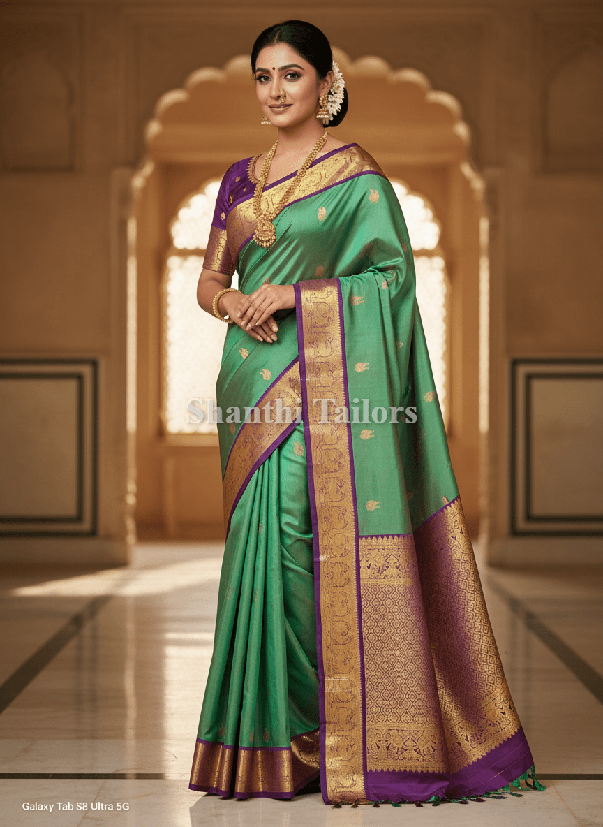 Dharmavaram sarees - Green and Purple Kanchipuram Saree with Zari border detail.