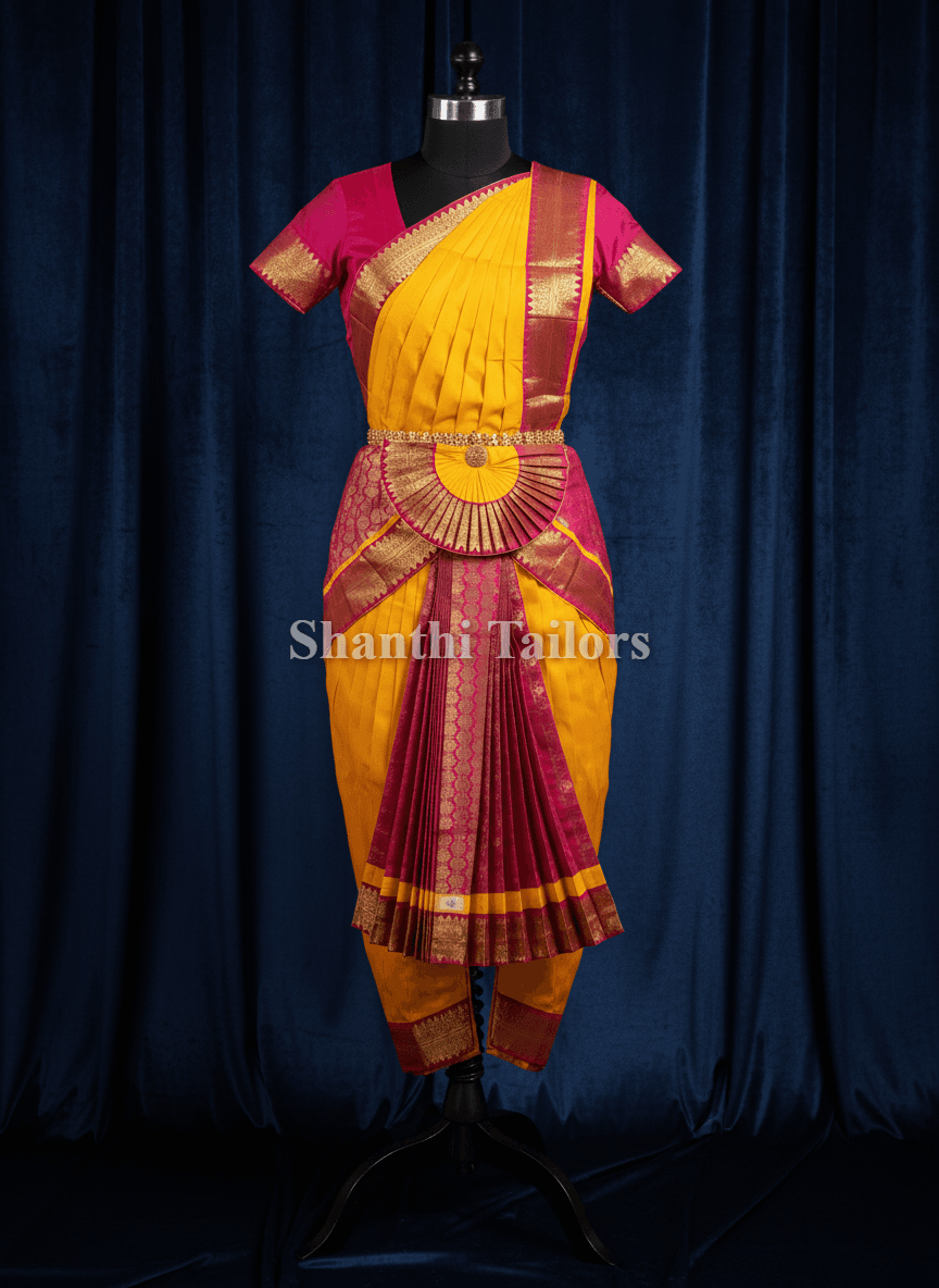 Yellow & Pink Bharatanatyam dress detail: pant style, art silk, Indian dance costume