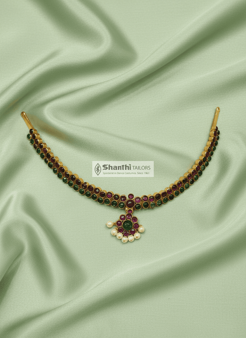 Dance Temple Jewellery: 2-Stone Attigai, silver base gold leaf, Red Kemp. Perfect for dance costume.