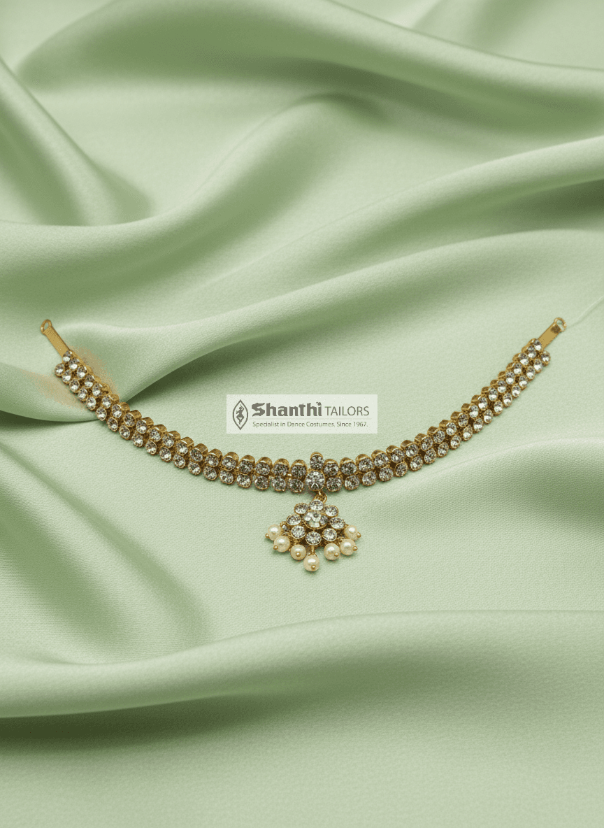 2-Stone Attigai - Red Kemp, silver base gold leaf. Bharatanatyam jewellery, temple design with pearls.
