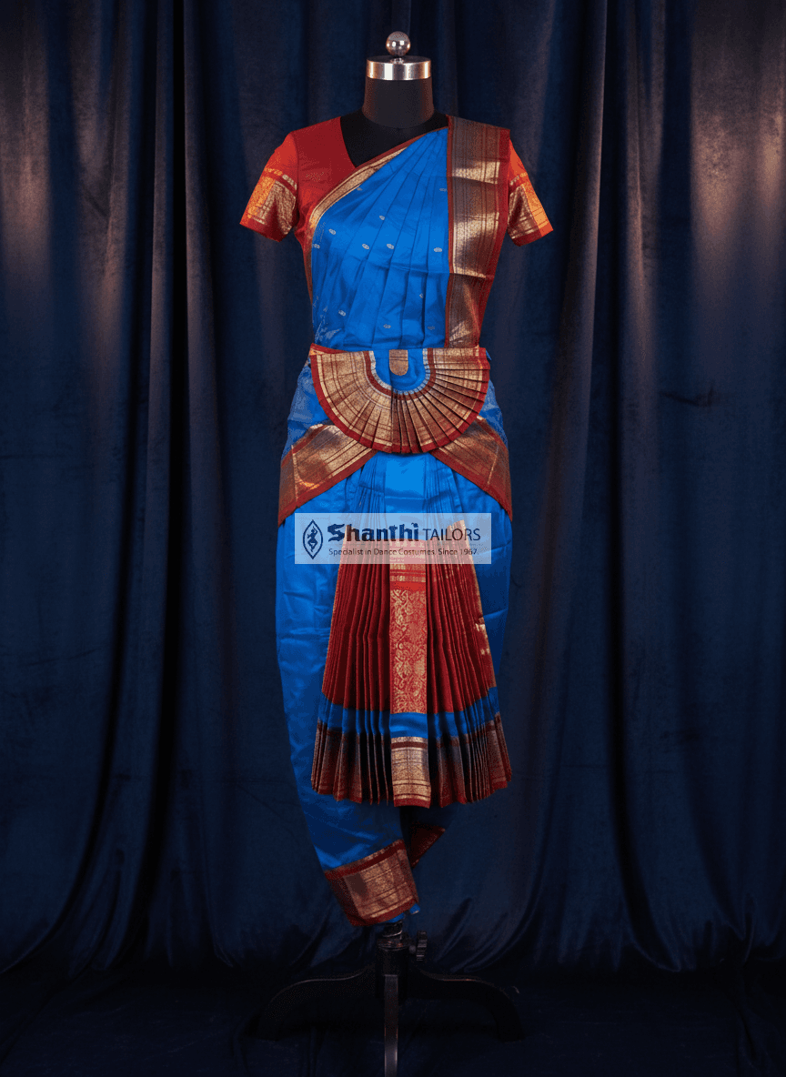 Ramar Blue Bharatanatyam Costume: Full DMX pant-style dance outfit, maroon accents, premium art silk.