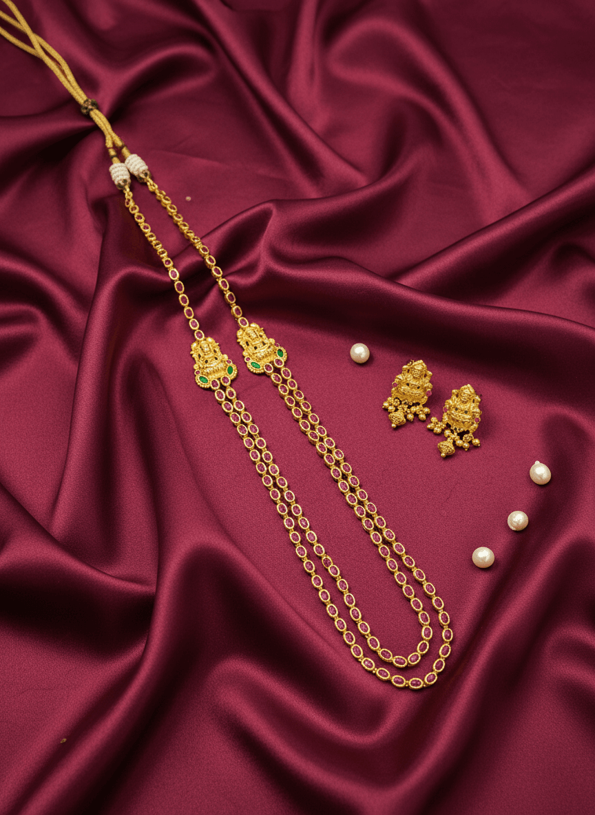 Maroon Haram Earrings Set SFN02. Full view of Indian fashion jewellery, Bharatanatyam dance necklace.