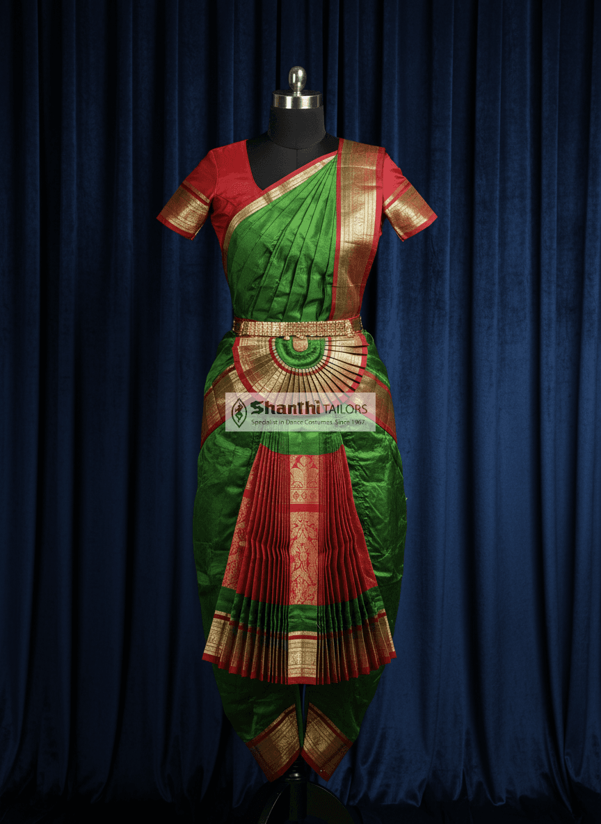 Pasi Green & Meroon Bharatanatyam Costume: DMX Pant-style, full view. Readymade dance wear.