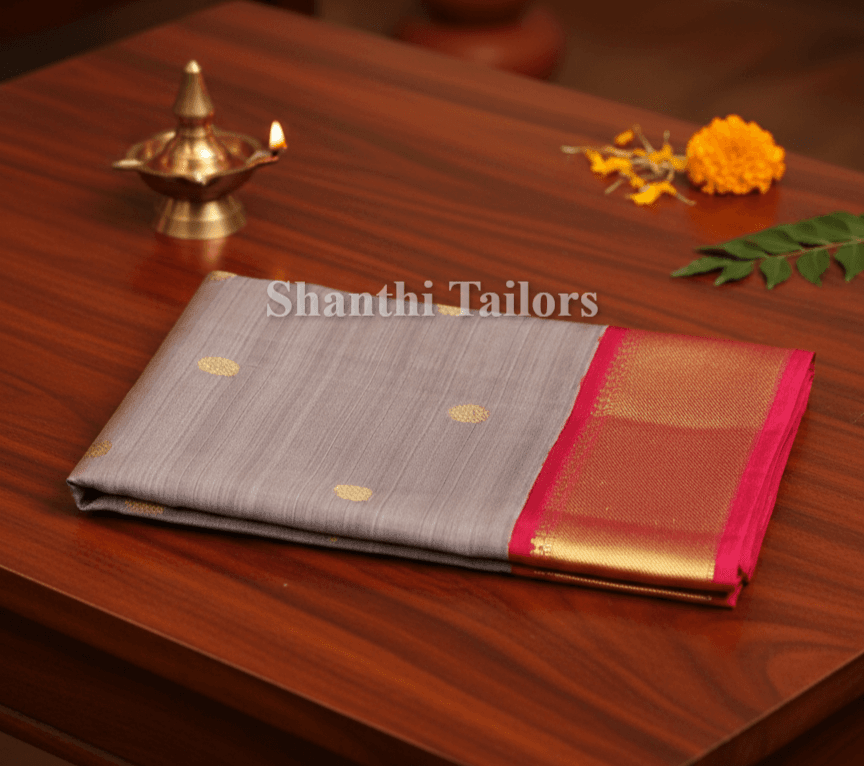 Grey & Rani Pink Kanchipuram authentic silk saree with gold zari border.