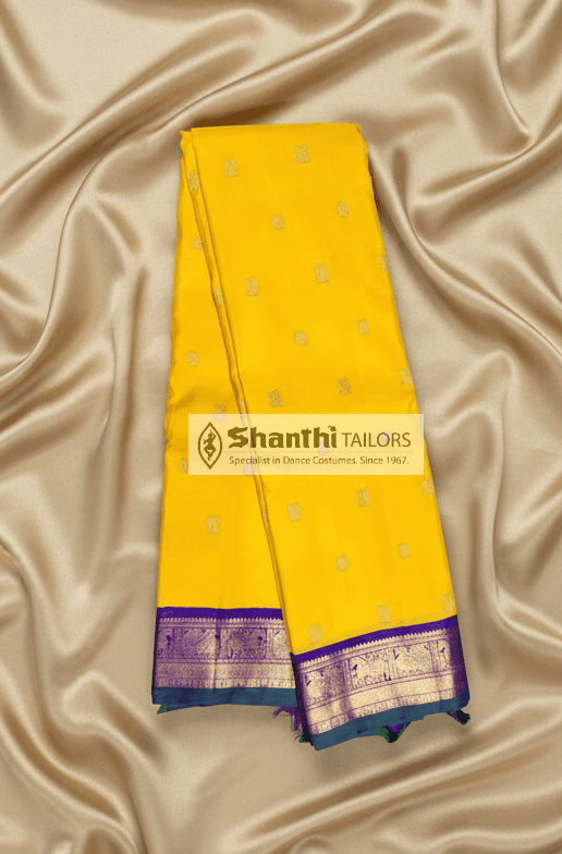 Yellow Purple Kanchipuram Silk Saree: Full view of traditional Indian saree.