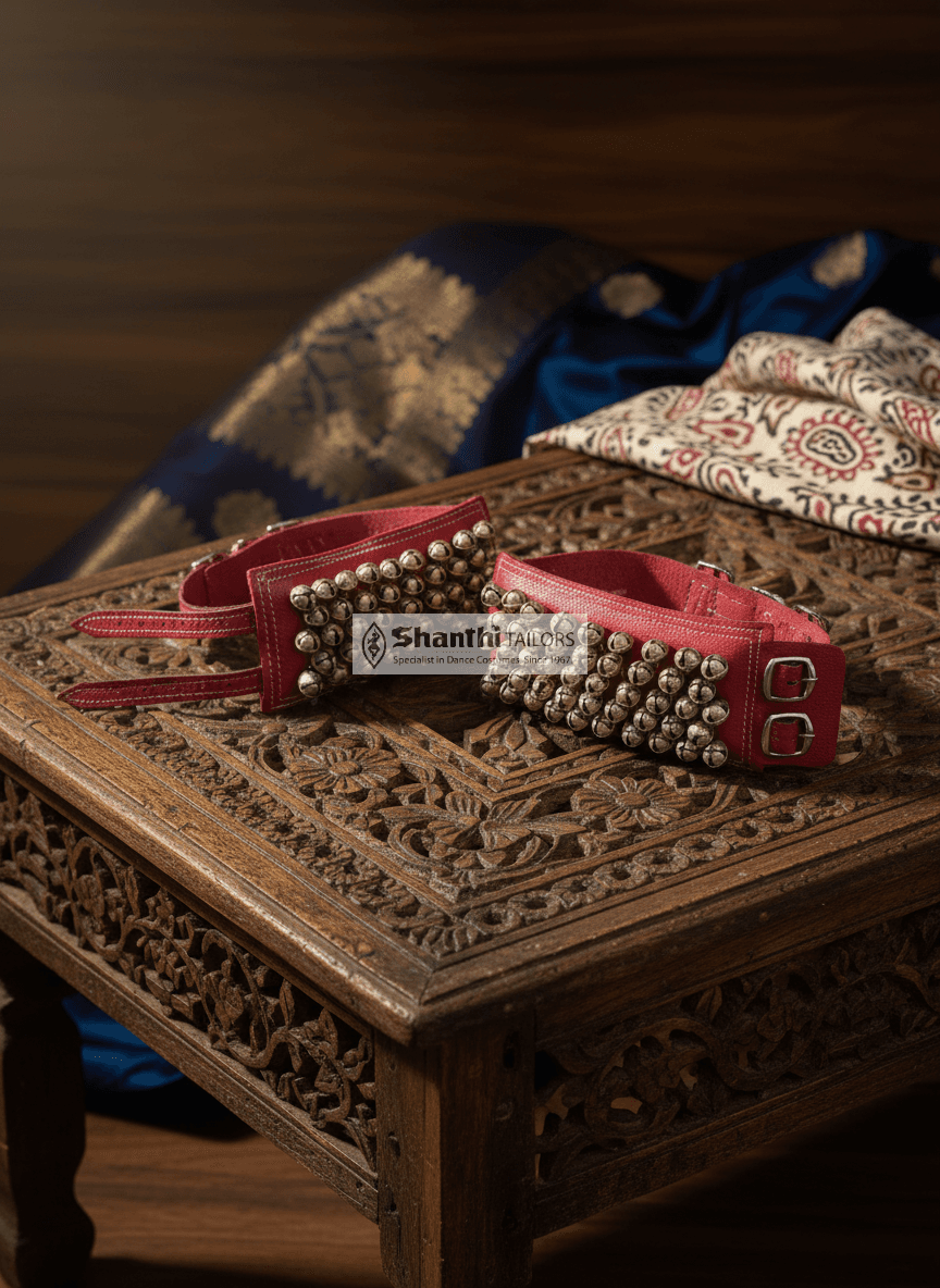 Red Buckle Salangai: Bharatnatyam Dance Bells with adjustable buckle, for a secure fit.