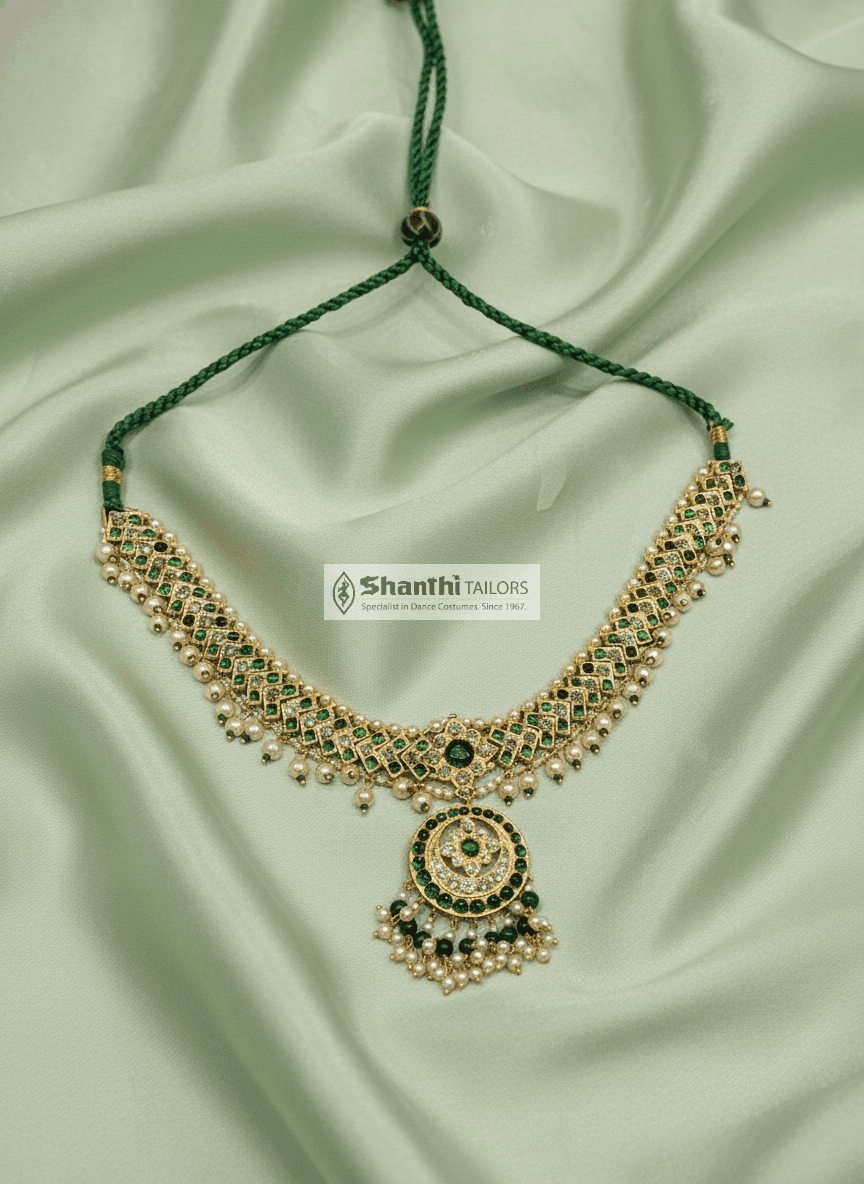 Traditional V Necklace. Original Temple Jewellery. Stone and pearl South Indian dance necklace.
