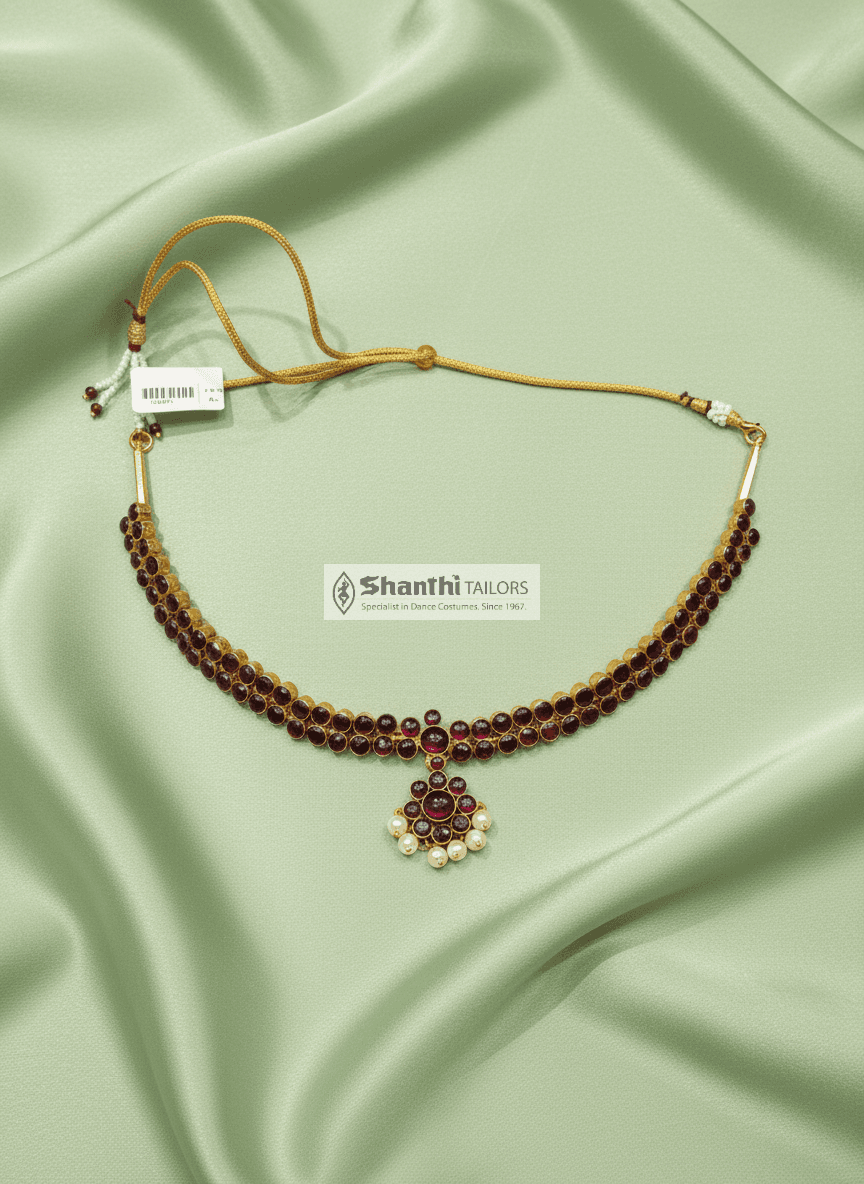 Original Temple Jewellery: Red Kemp 2-Stone Attigai, silver base gold leaf. Bharatanatyam jewellery set.