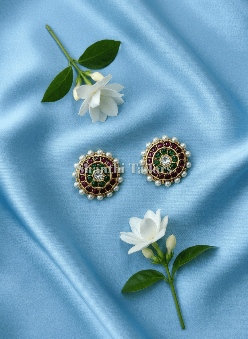 Temple jewellery jummiki earrings. Silver base gold leaf 2-line stud design. Bharatanatyam jewellery set.