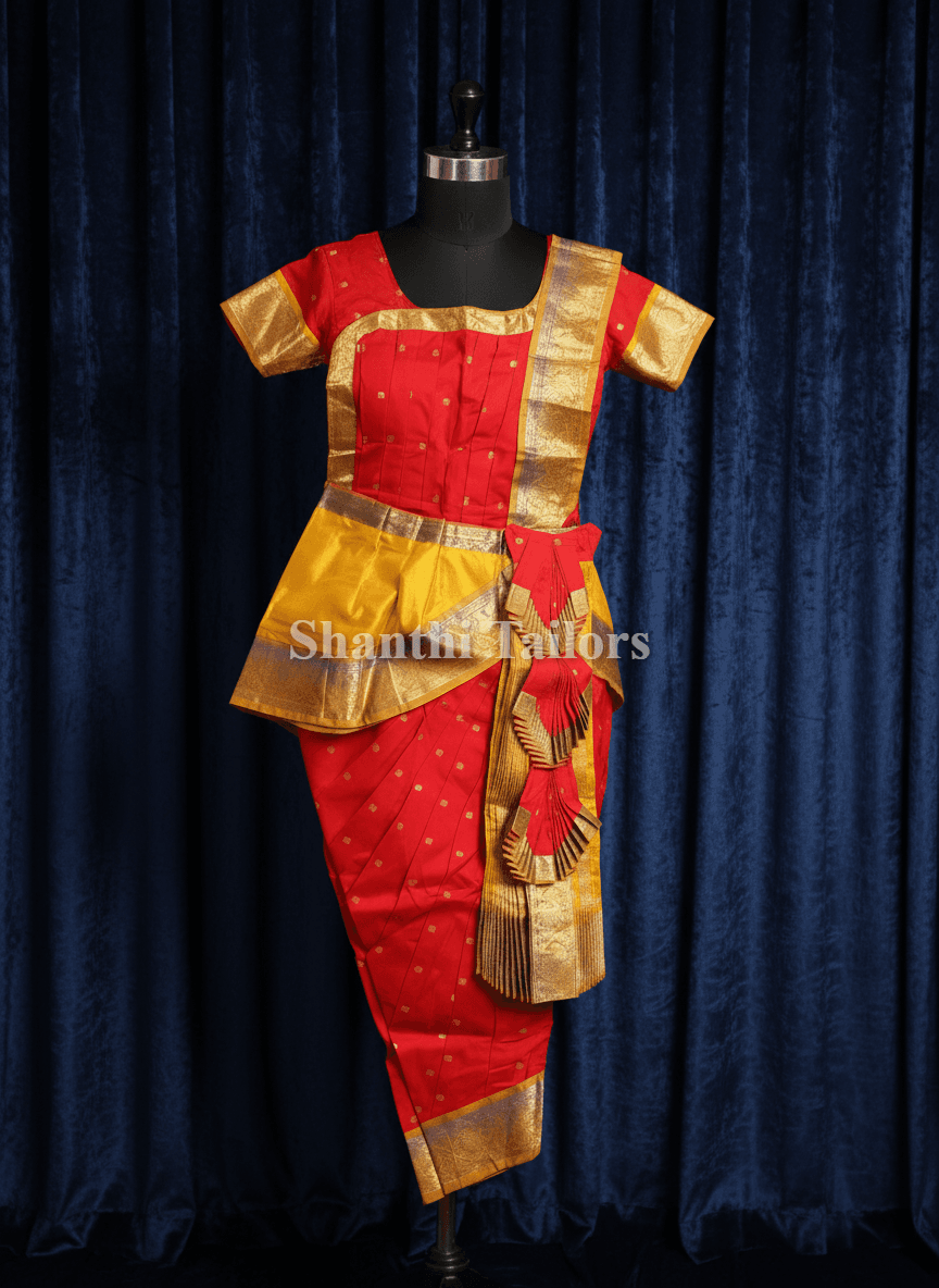 Red and mustard bharatanatyam costume. Readymade dance costume with gold buttas. Bharatnatyam dress for Arangetram.