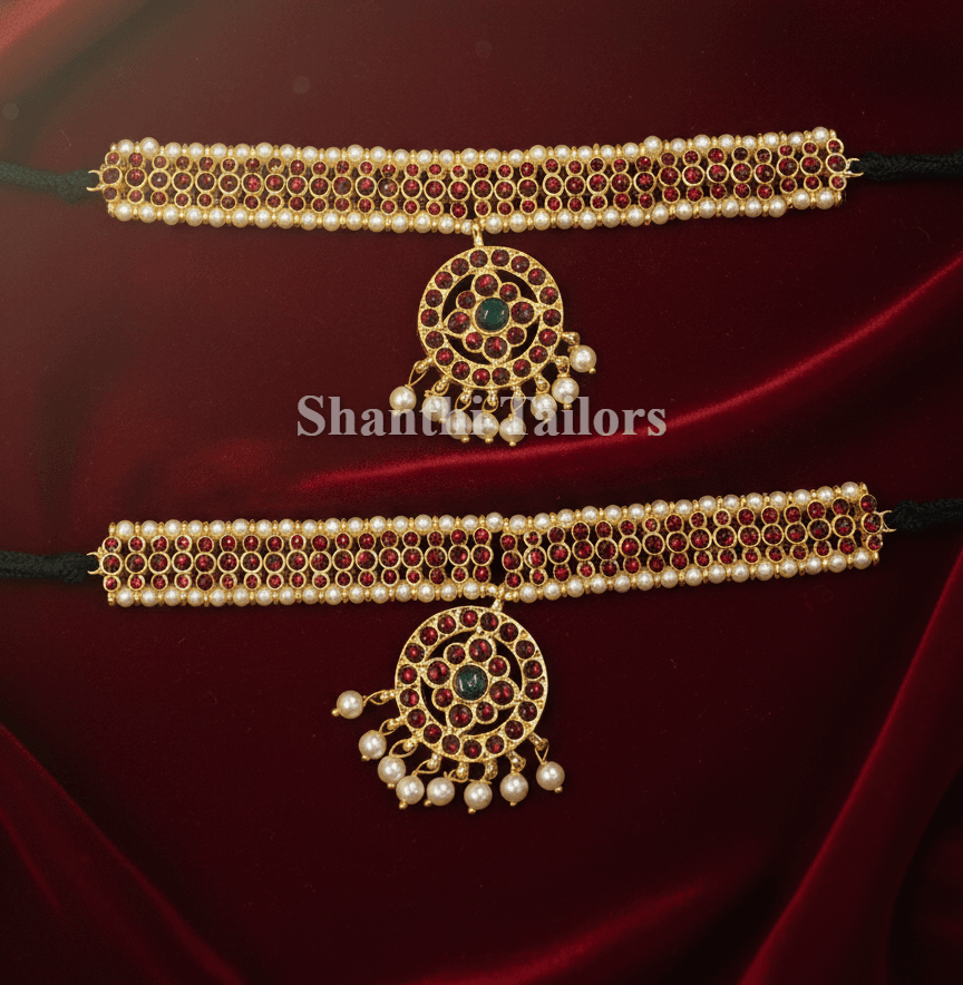 Temple Jewellery Vanki Armlet: Adjustable black thread closure, silver base gold leaf, kemp stones