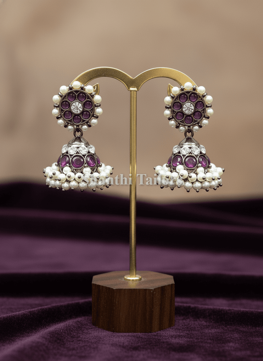 Jummiki temple jewellery, silver base gold leaf, Bharatanatyam jewellery. Black finish, kemp stones.