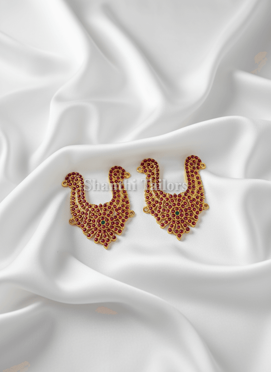 Bharatanatyam jewellery set: Vanki armlet with ruby kemp stones and pearl drops, silver base gold leaf