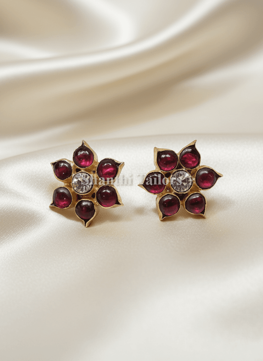 Temple Stud Earrings: Original Bharatanatyam Jewellery. Silver base, leaf-gold finish, lightweight.