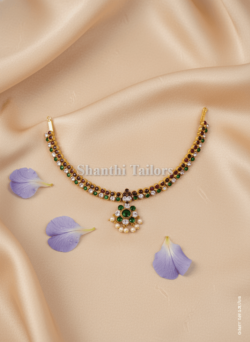 2-Stone Attigai silver base gold leaf necklace. Red Kemp temple jewellery for Bharatanatyam dance.