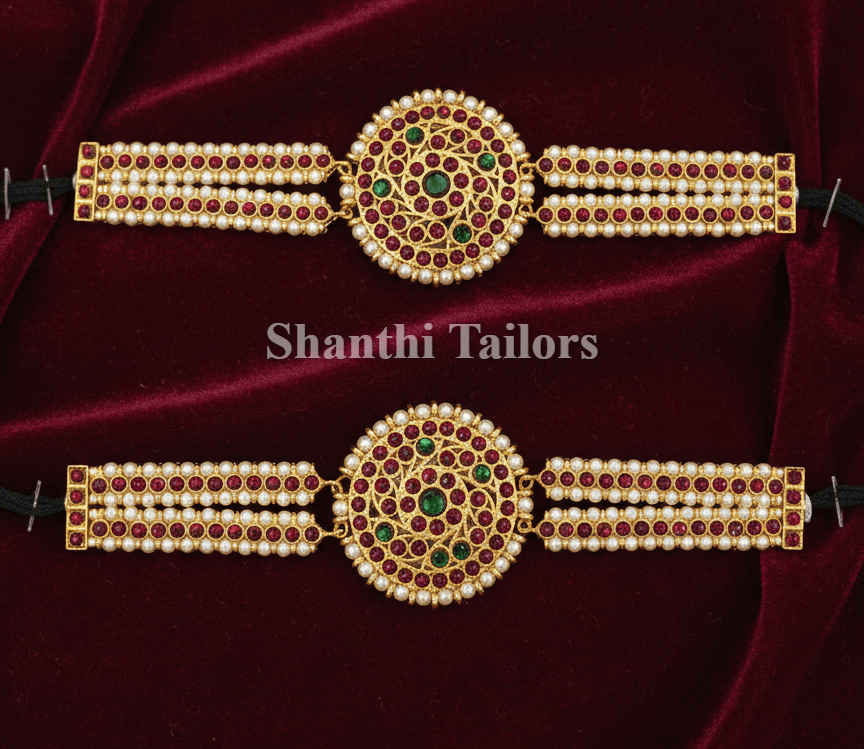 Bharatanatyam Vanki Armlets: silver base gold leaf temple jewellery, kemp stones, traditional design