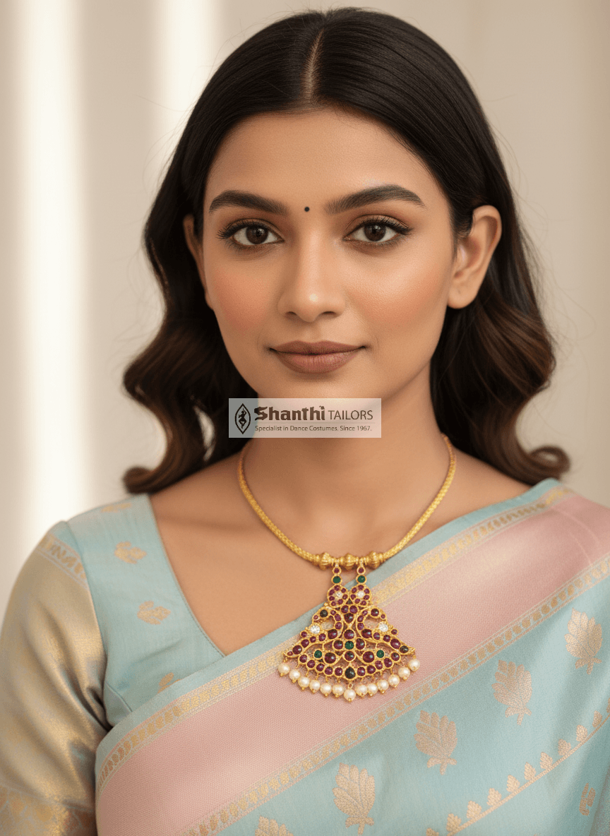 Close-up: Small Mango Choker. Temple Jewellery necklace detail for Arangetram, classical dance costumes.