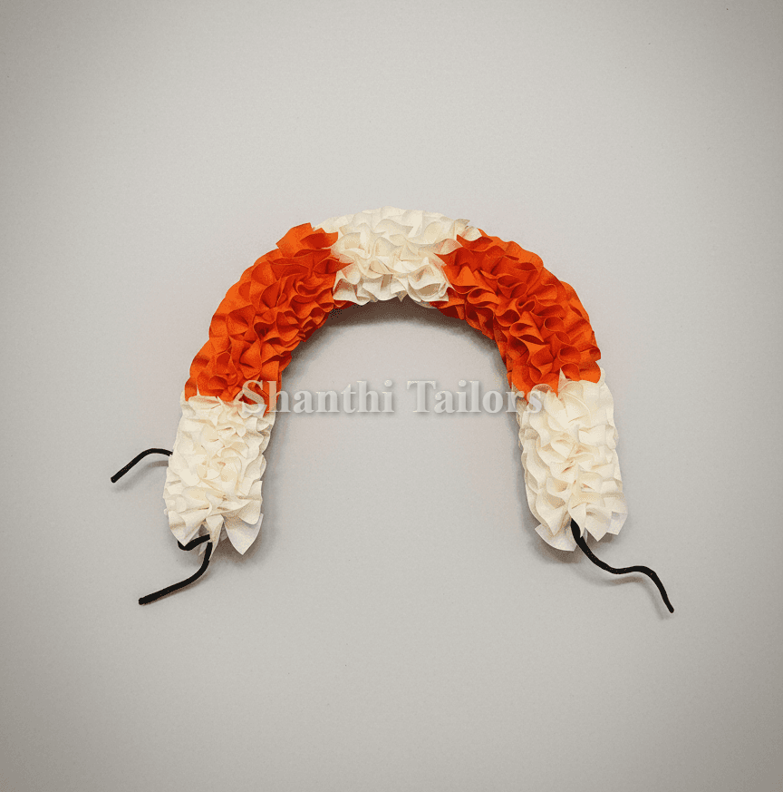 White and orange artificial jasmine flowers for Bharatanatyam dance hair styling. Ideal with bharatanatyam dress and jewellery from shanthi tailors pvt ltd.