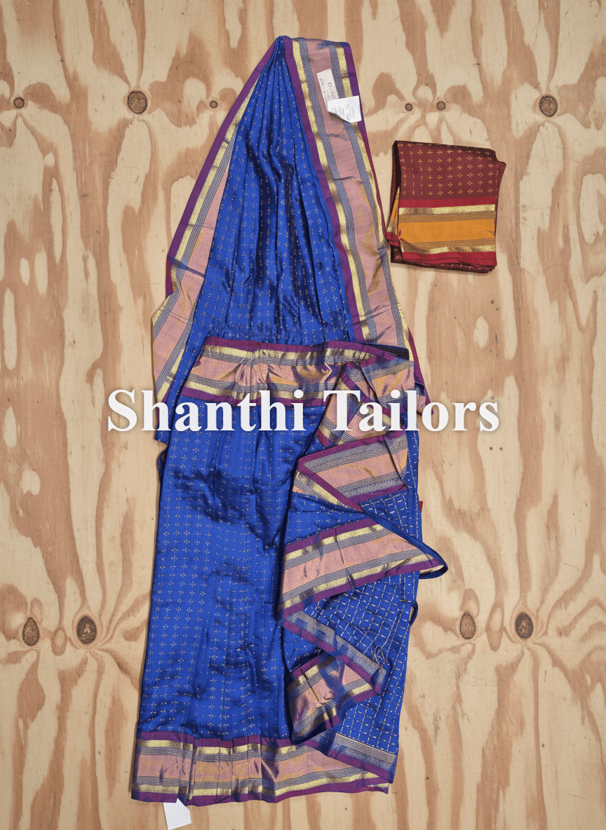 Readymade bharatnatyam practice saree in peach and maroon, authentic silk fabric.