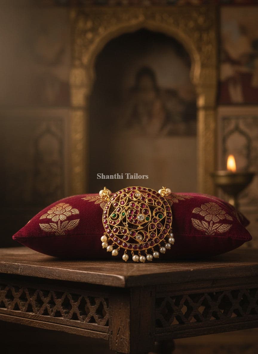 Detachable Pendant Haram: Antique finish, handcrafted temple jewellery for Bharatanatyam performers.
