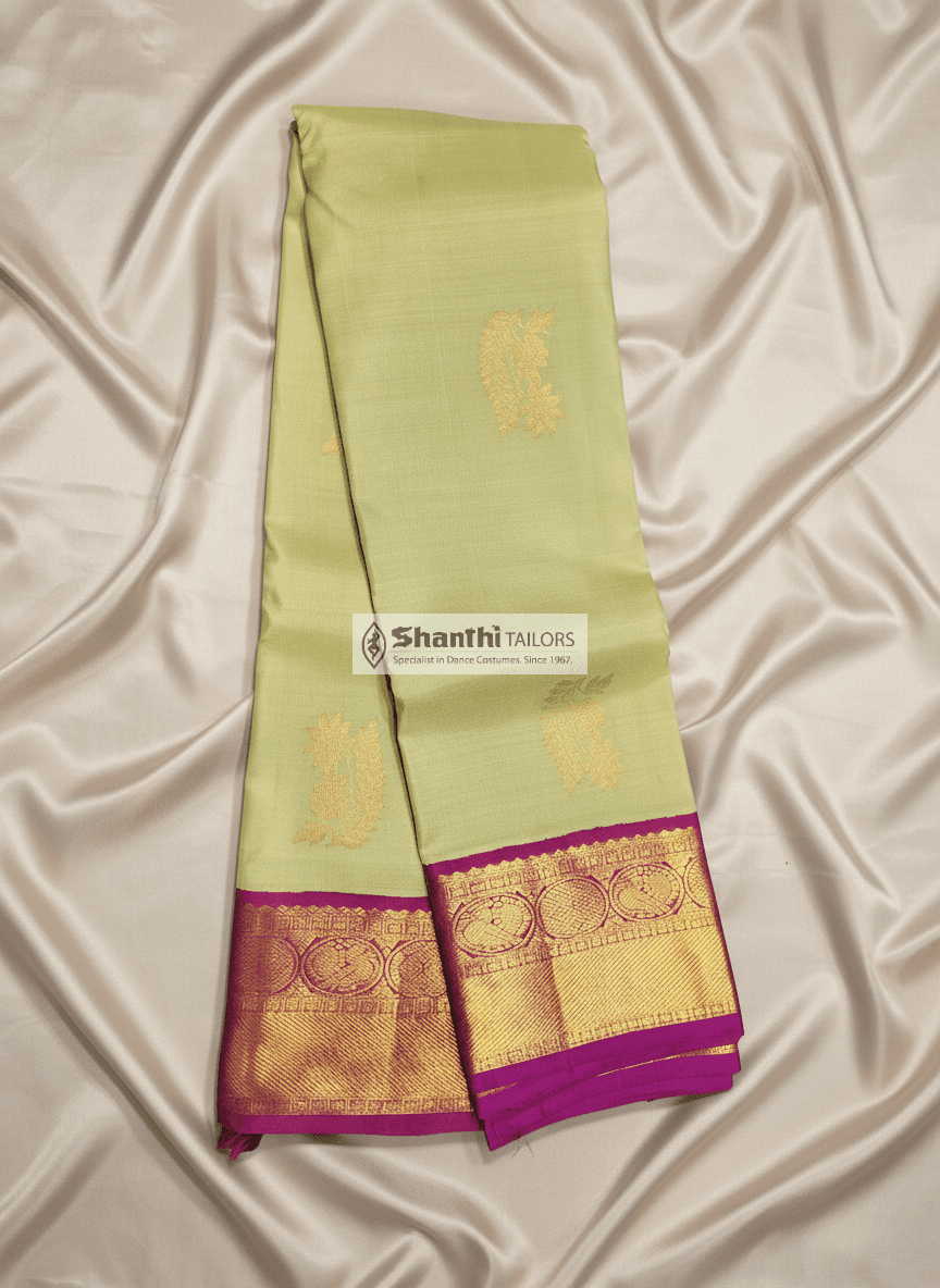 Light Green Kanchipuram Silk Saree with Pink border, HSN01. South Indian wedding saree.