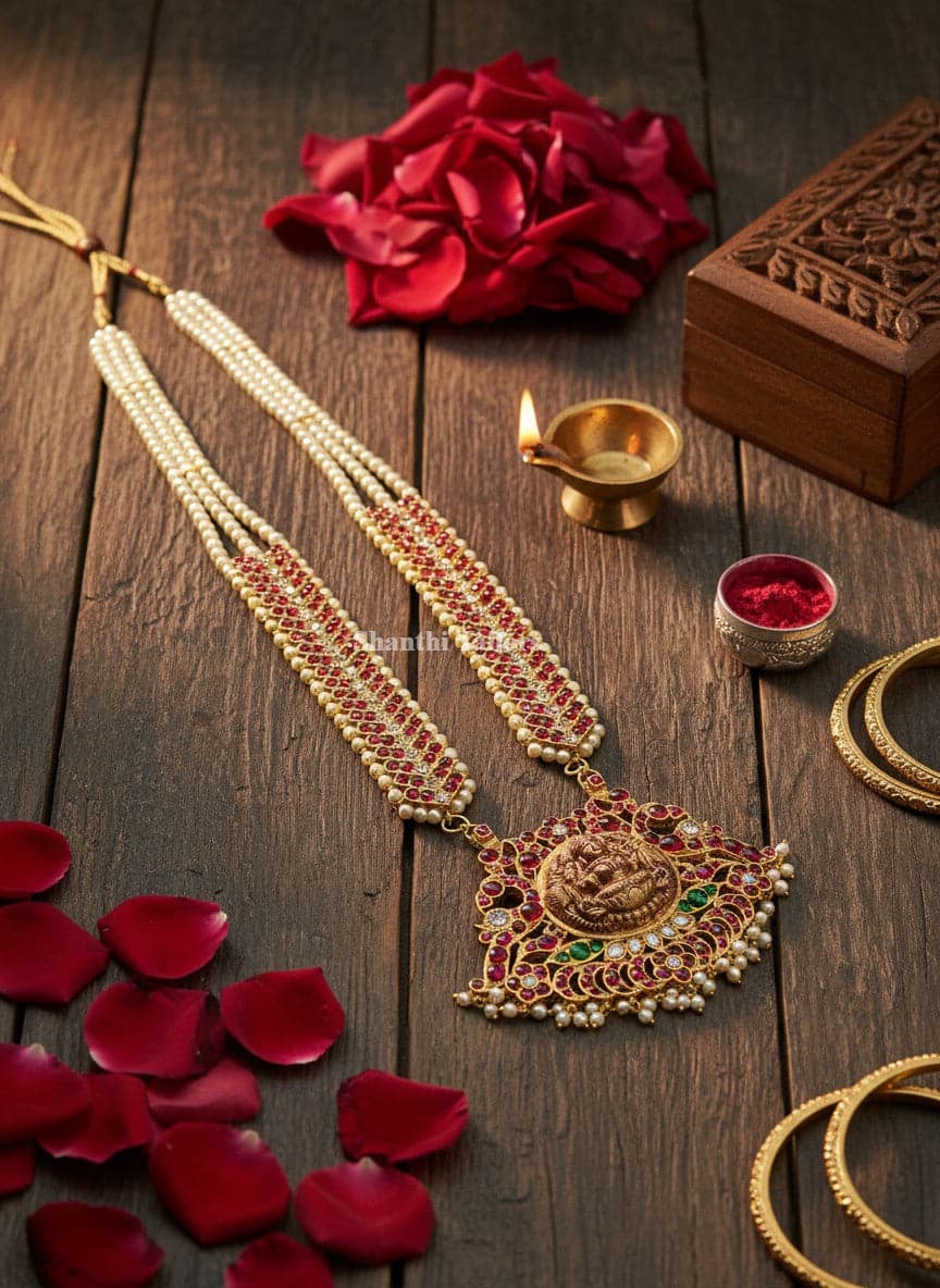 Lakshmi Pendant with V Haram around W Pearls | Haram |Original temple jewllery  | Long Haram | TJSKN4, TJAN008