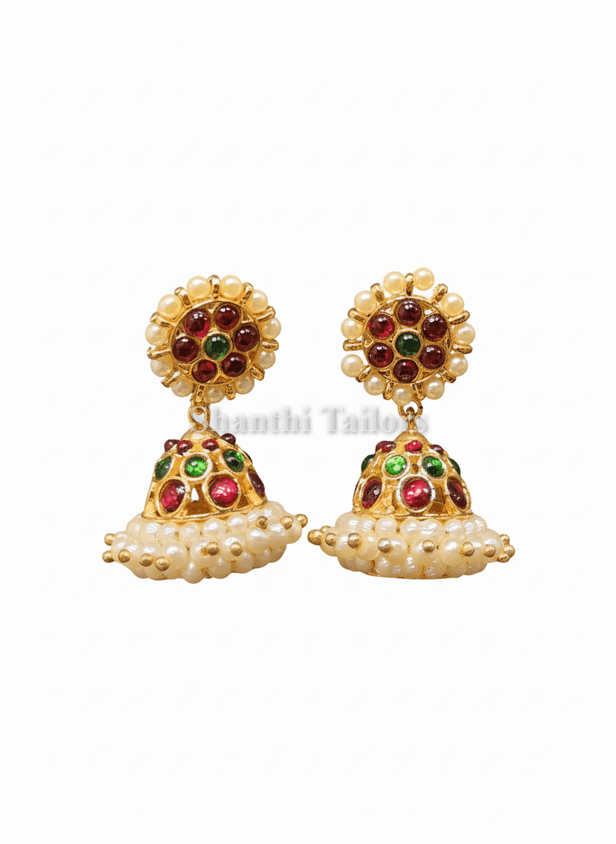 Small silver base gold leaf jummiki earrings, traditional temple jewellery for bharatanatyam dress.
