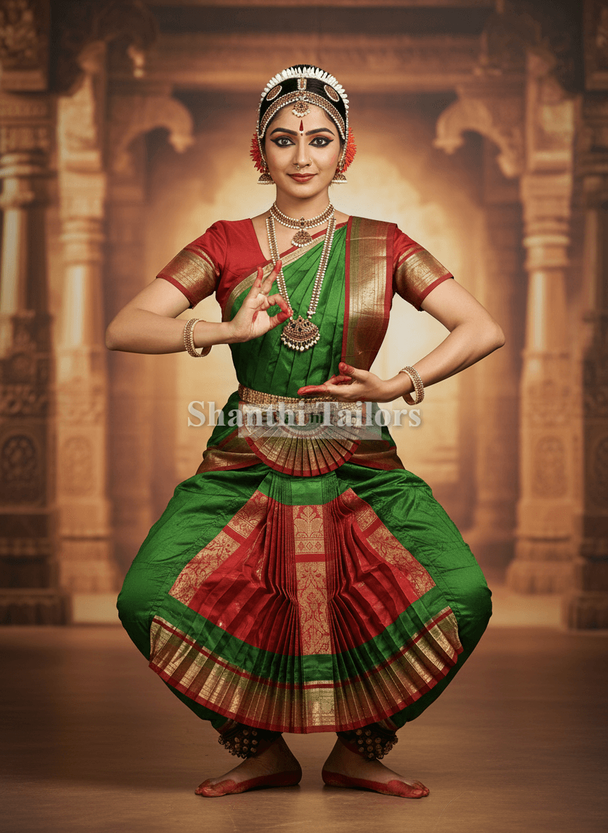 Close-up: Pasi Green Meroon DMX Bharatanatyam Pant Costume details. Readymade dance outfit.
