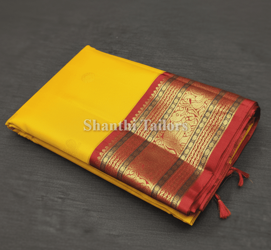 Mustard & Maroon Kanchipuram silk saree full view. Authentic silk Dharmavaram pattu sarees design.