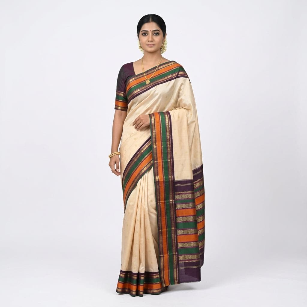 2G Gold Zari Kanchipuram Silk Saree. Half White with Multi border detail. Ideal for weddings.