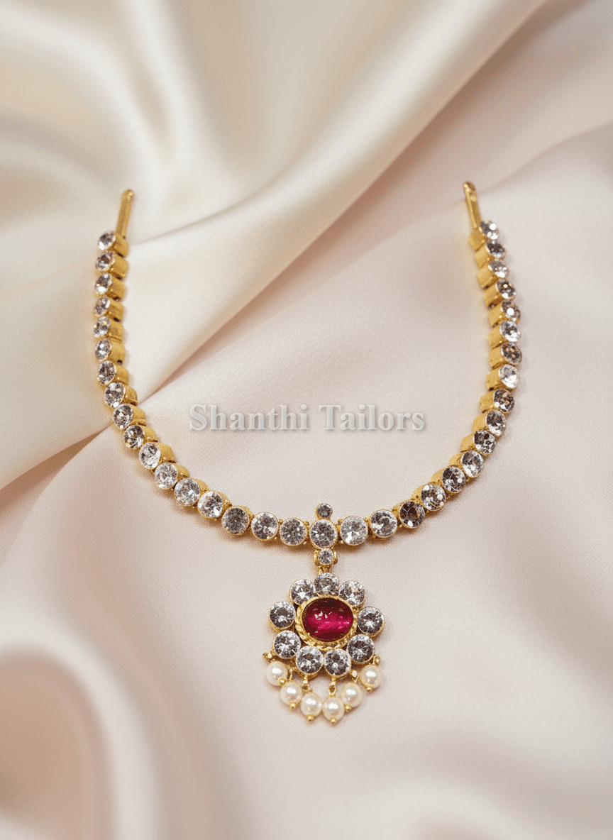 Temple jewellery Attigai necklace, silver base gold leaf, single stone design, Bharatanatyam