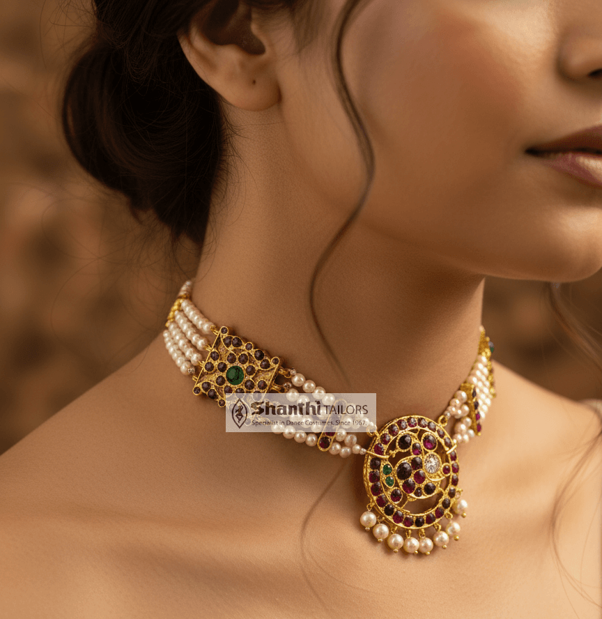 Temple Jewellery: Pearl Swan Choker close-up showing gold plating and pearl detail.