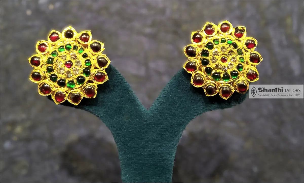 Close-up of Kemp Stone Stud Earrings. Bharatanatyam Jewellery, Silver base, Gold leaf.