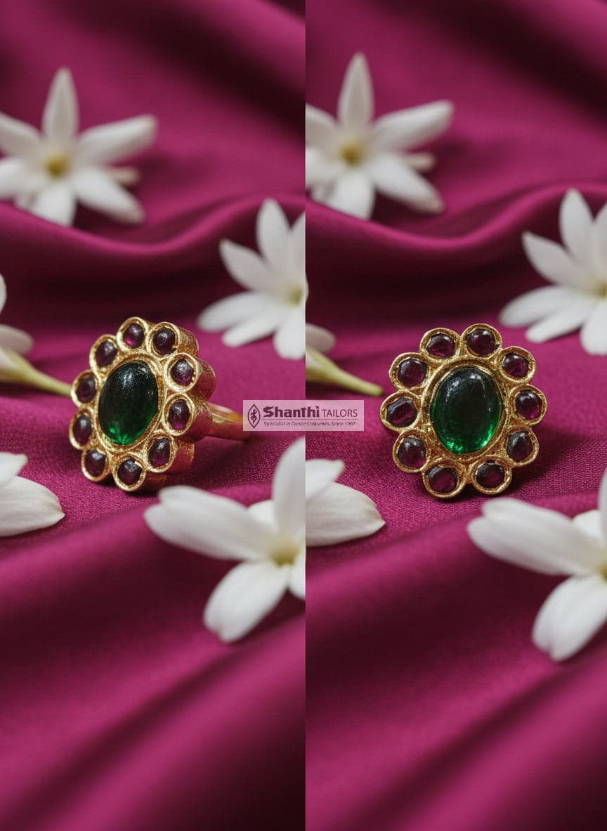Shanthi Tailors: Adjustable ring for dance, silver base gold leaf temple jewellery. Classical dance accessory.