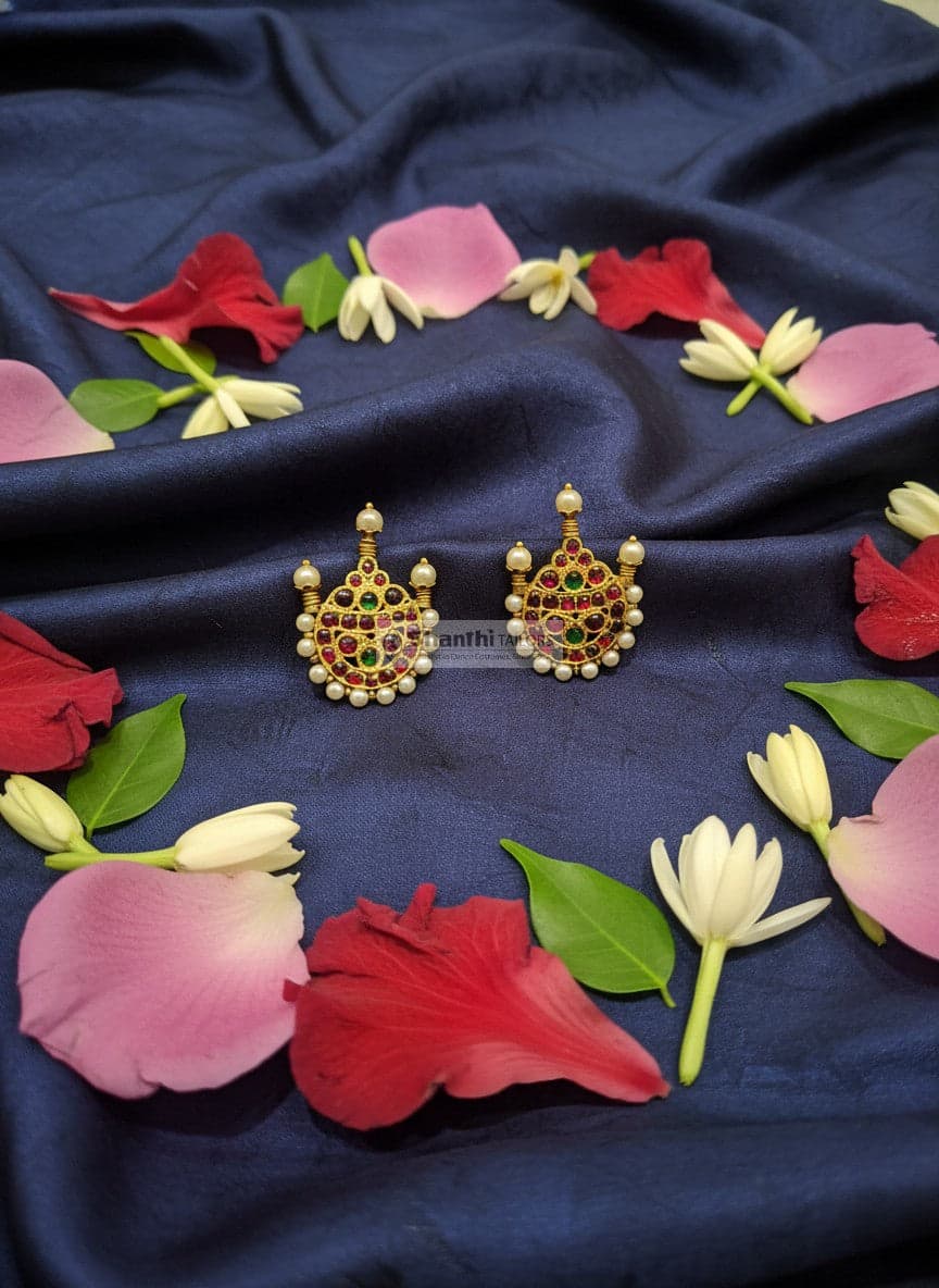 Bharatanatyam Stud Earrings on model. Original Temple Jewellery, dance costume accessory.