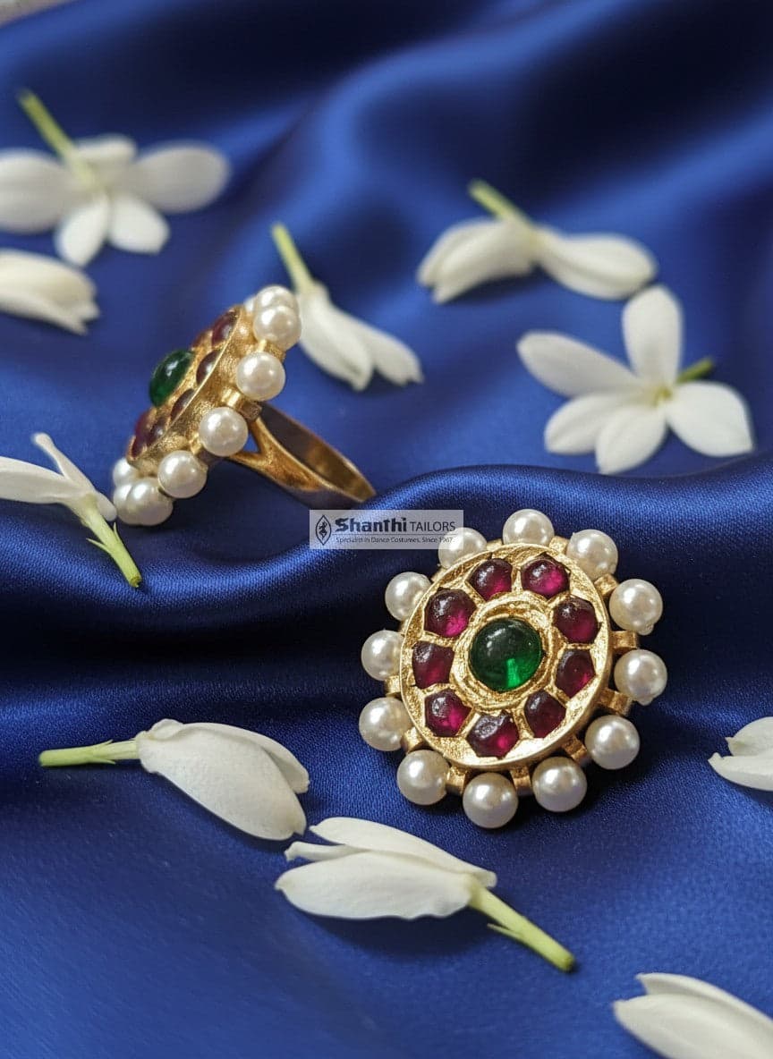 Adjustable kemp temple ring, silver base gold leaf. Shanthi Tailors bharatanatyam jewellery, Arangetram ready.