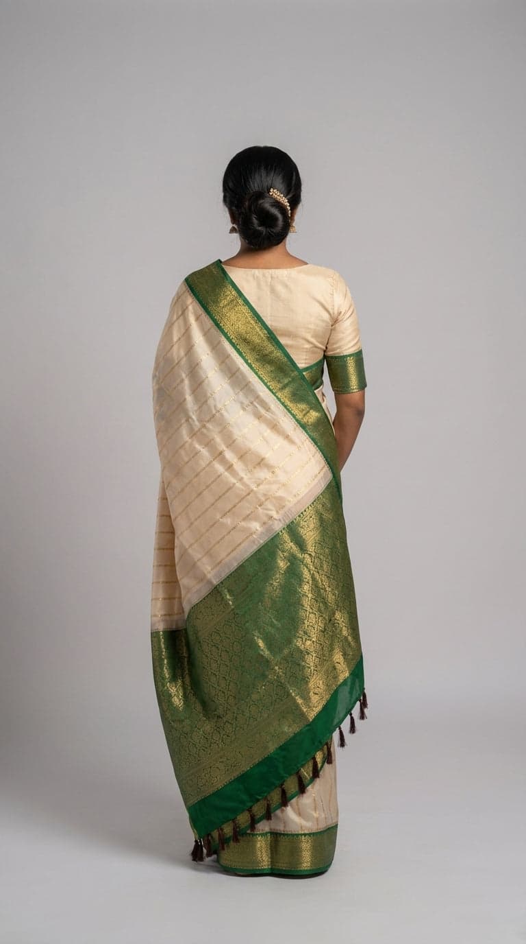 Back view: Offwhite & Green Kanchipuram Silk Saree - Traditional Indian Saree Design