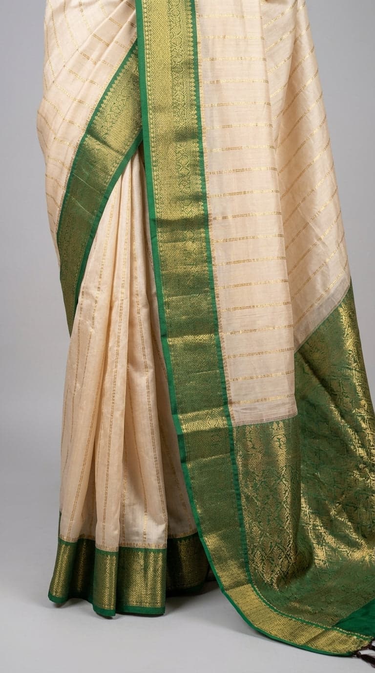 Close up: Handwoven Kanchipuram Silk Saree - Offwhite & Green Detail, South Indian Saree