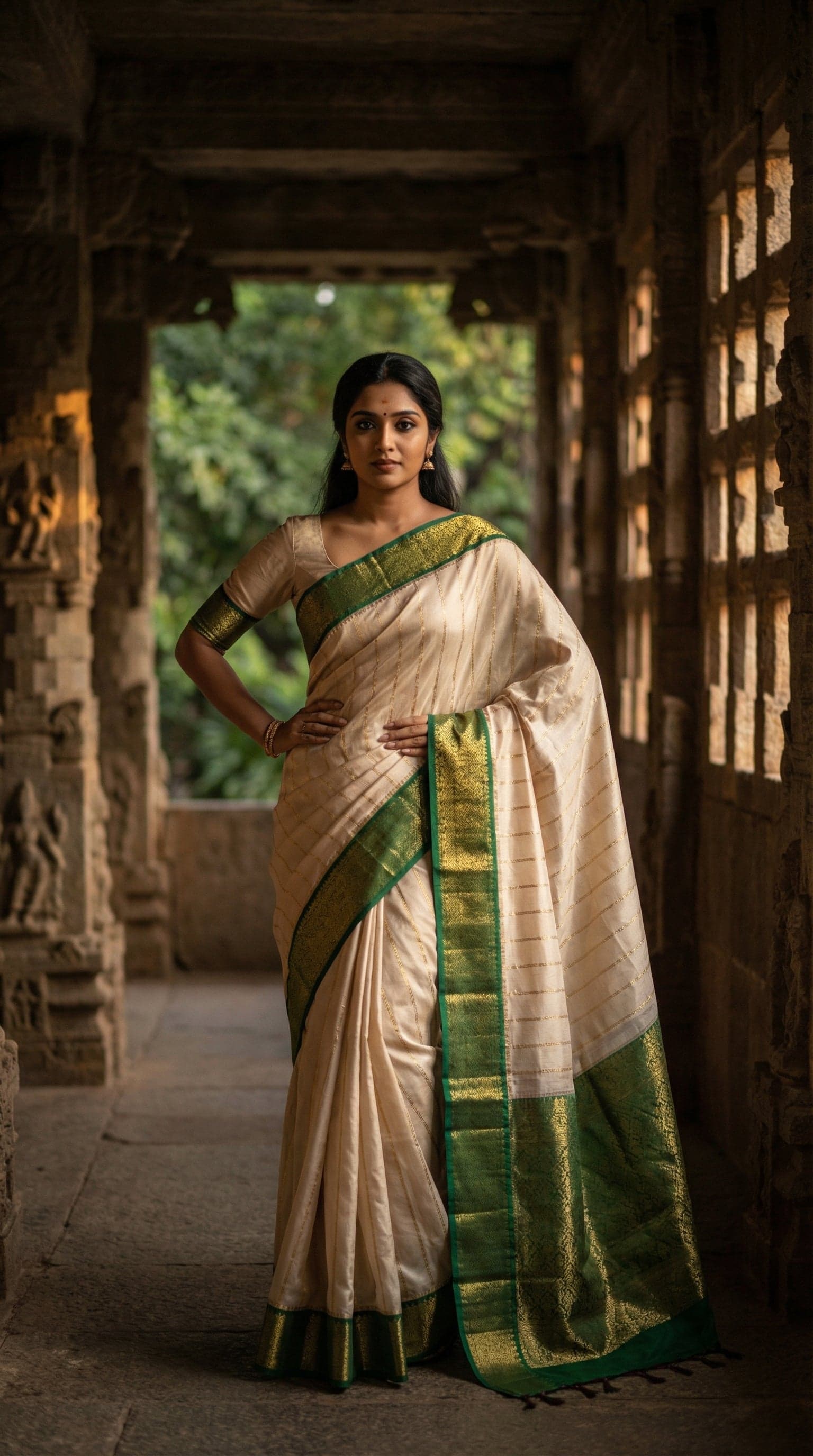 Offwhite Kanchipuram Silk Saree with Green Border - Elegant Indian Wedding Saree