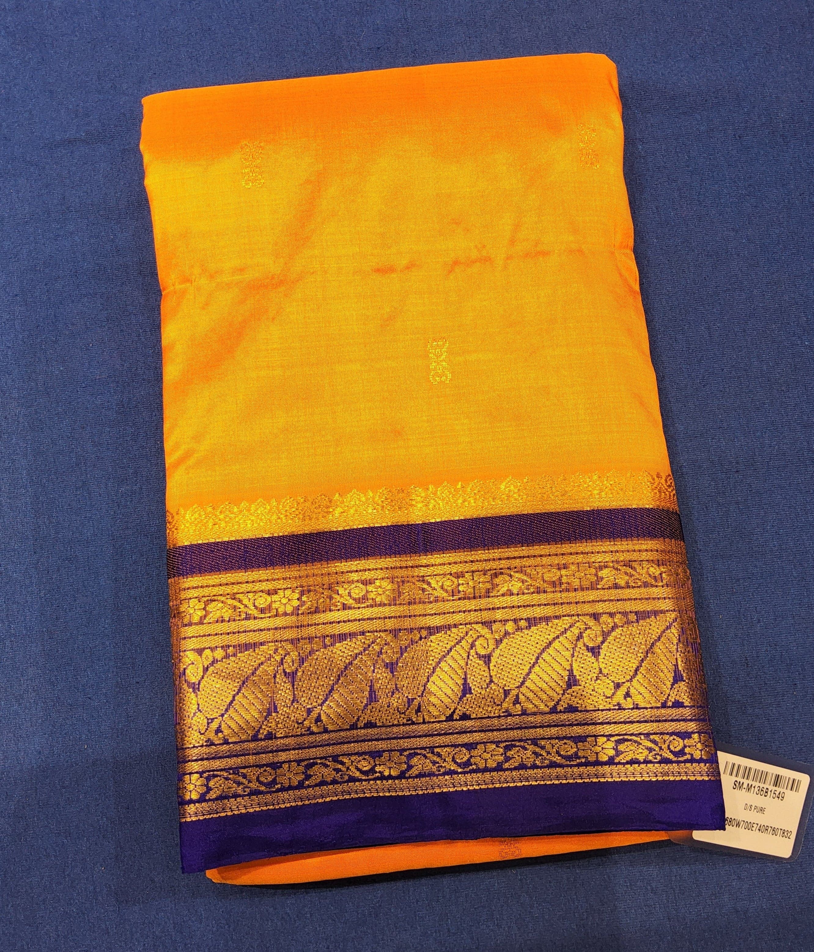 Mango Yellow with ink Blue | Dharmavaram Silk Saree