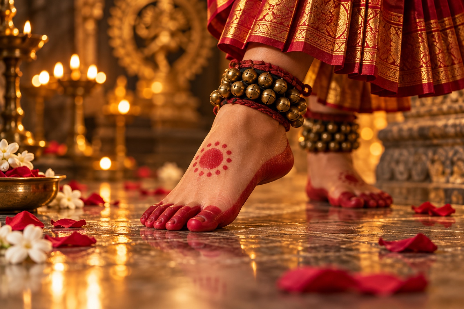 Dancer's feet with red alta border, sun motif and ankle bells